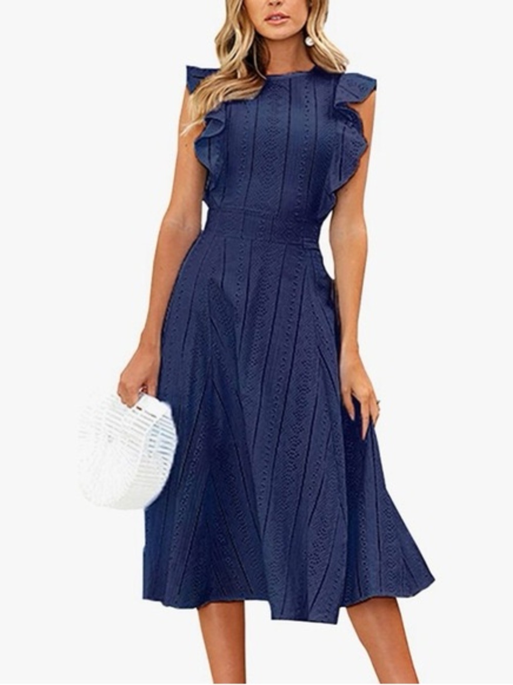 Navy Ruffle-Sleeve Midi Dress